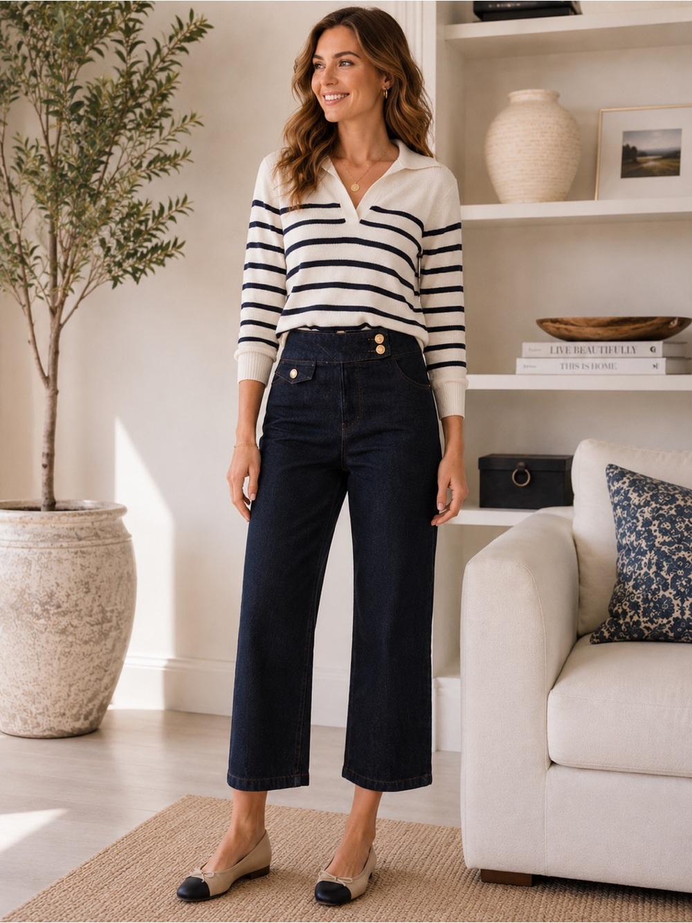 Nautical High Rise Dark Wash Straight Leg Cropped Jeans Sz 8 Gold Button Detail